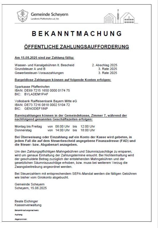 öffentliche Zahlungsauffforderung